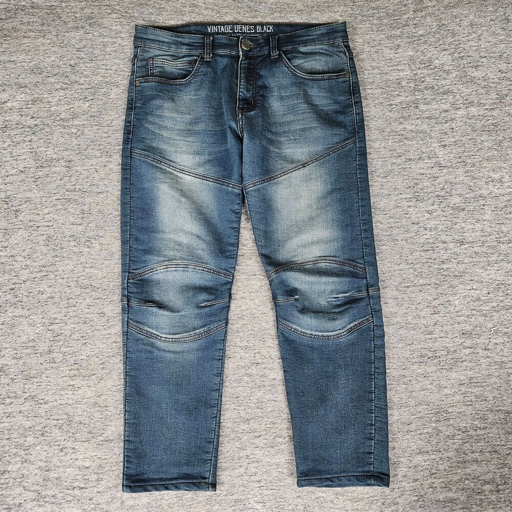 Vintage Genes Black Men's Slim Straight Fit Jeans Blue Denim W32 L29 Double Knee